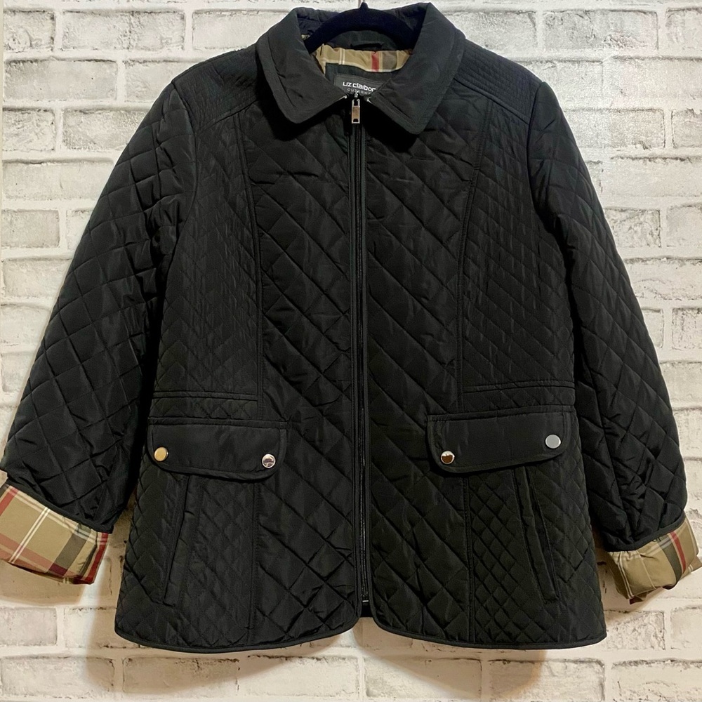 NWT Liz Claiborne Black Quilted Jacket with Plaid Lining - Picture 2 of 7